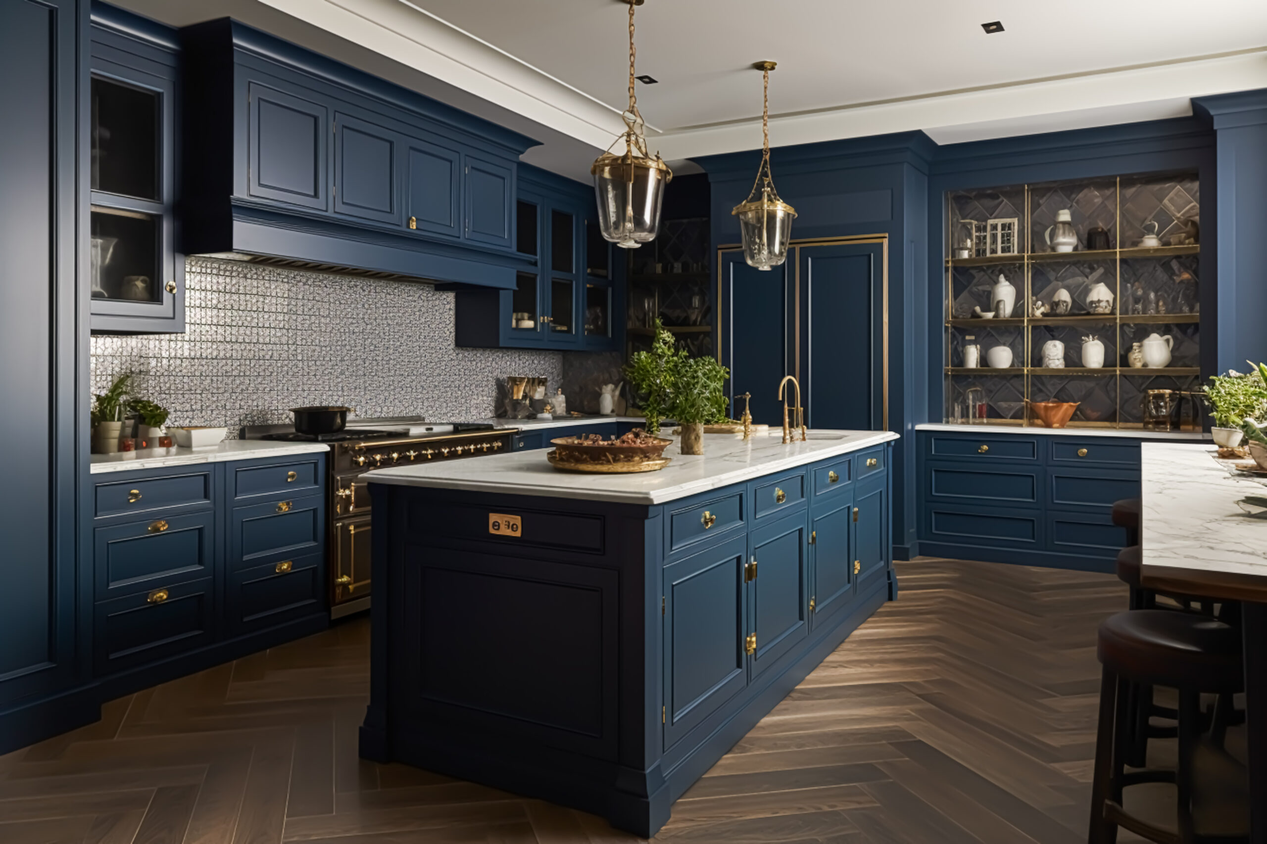 Dark blue kitchen decor, interior design and house improvement, classic English in frame kitchen cabinets, countertop and applience in a country house, post-processed, 3-d design, renovation