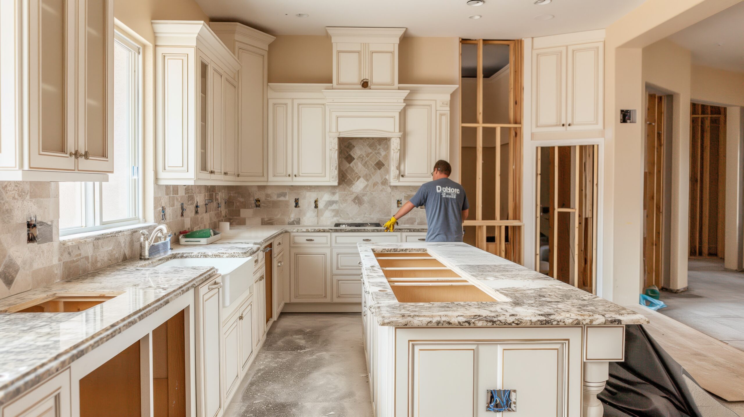A worker installs marble countertops in a modern kitchen under construction with white cabinets and tiled backsplash. kitchen contractors in new jersey
