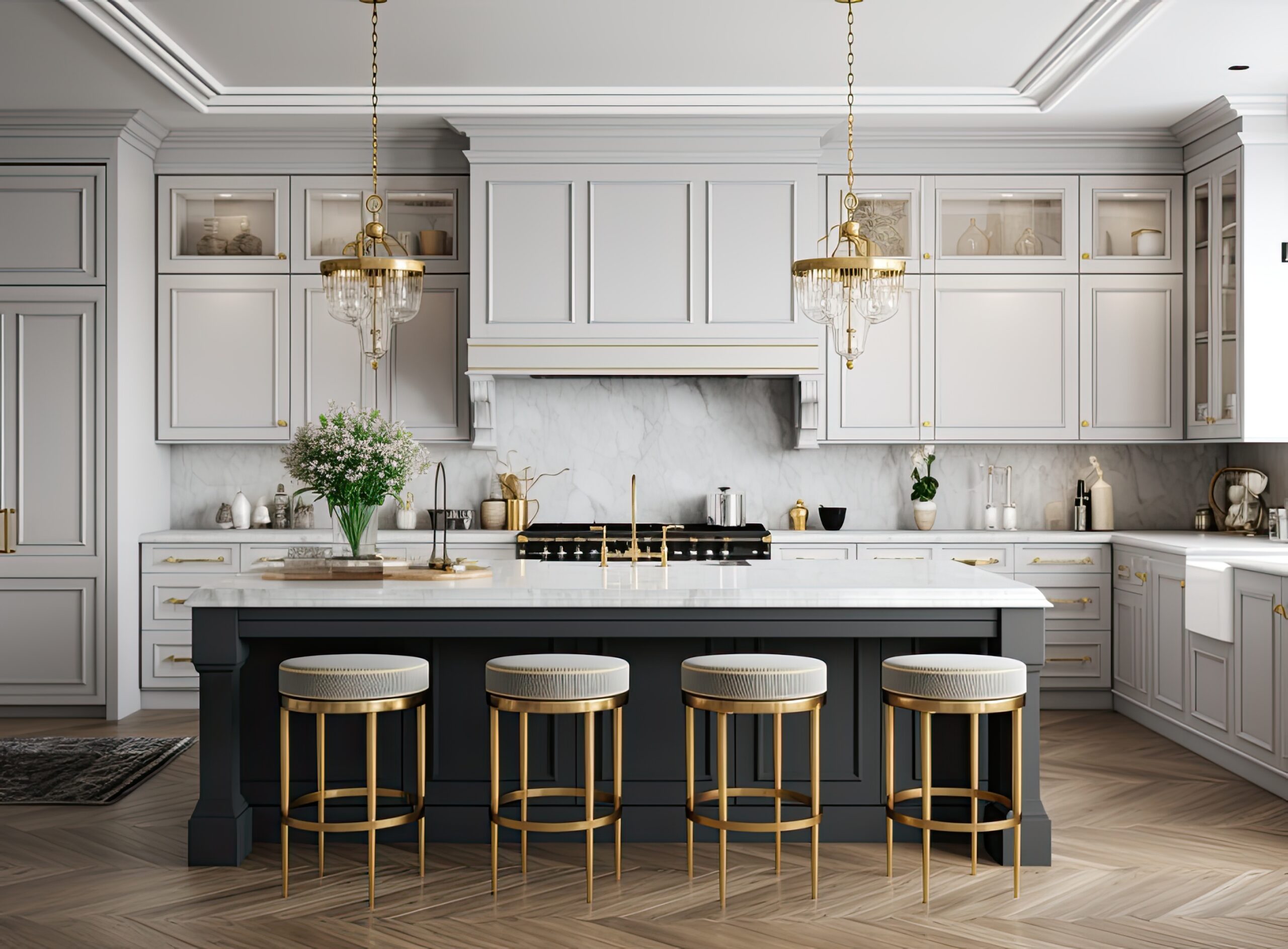 A luxurious kitchen with a large island, gold faucet and sputnik chandelier, stainless steel appliances, and white marble countertops. Created with Generative AI technology. Luxury kitchen remodel, kitchen remodel short hills, short hills nj homes